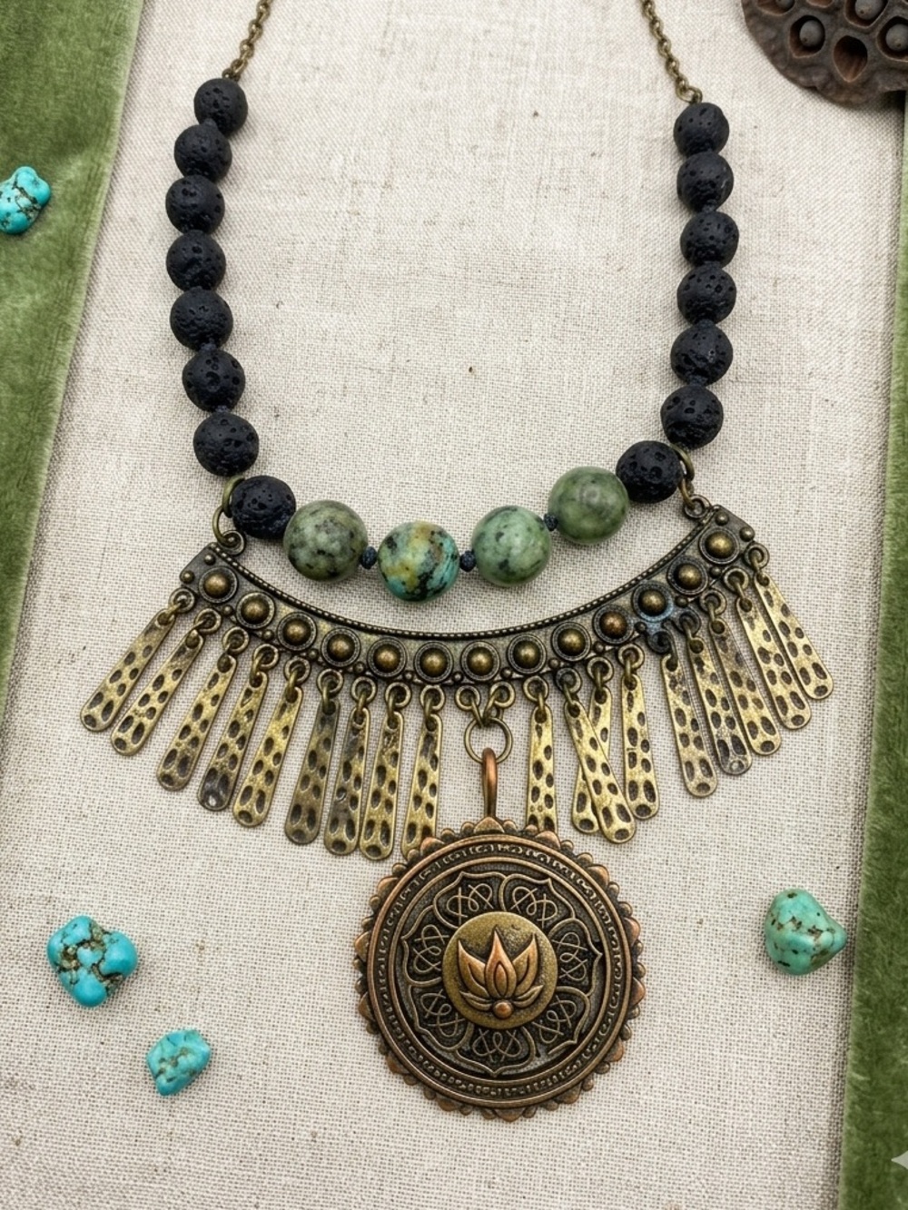 Artisan African Turquoise & Lava Rock Boho Statement Fringe Medallion Necklace